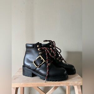 Sandro Black Leather Buckle Combat Boots | 37